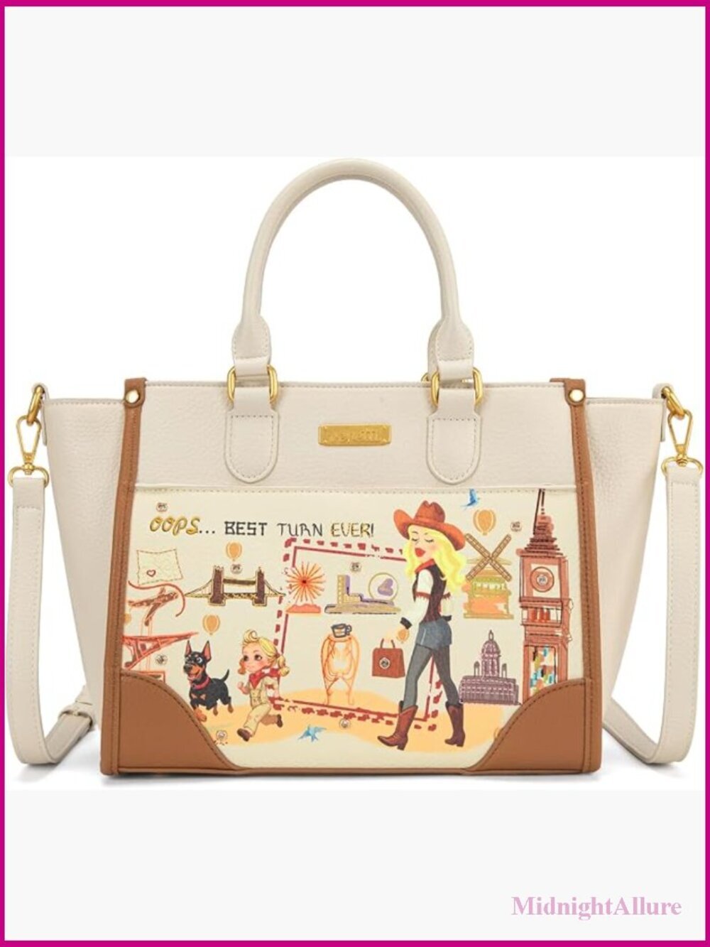 Cityscape Printed Tote Bag Lightweight Crossbody Multi-Pocket Adjustable Strap